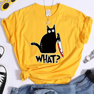 Woman T-Shirt Little Black Cat And Knife Women&#39;s T-Shirts Hip Hop Harajuku T Shirts For Woman Short Sleeve Fashion Tee Shirts