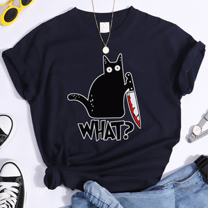 Woman T-Shirt Little Black Cat And Knife Women&#39;s T-Shirts Hip Hop Harajuku T Shirts For Woman Short Sleeve Fashion Tee Shirts