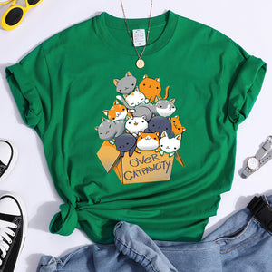 Womany Cats Gathered In The Printing Woman Tshirt Leisure Creativity T Shirt Summer Newtop Crewneck Breathable Woman T Shirts