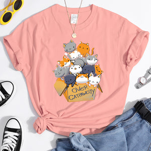 Womany Cats Gathered In The Printing Woman Tshirt Leisure Creativity T Shirt Summer Newtop Crewneck Breathable Woman T Shirts