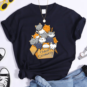 Womany Cats Gathered In The Printing Woman Tshirt Leisure Creativity T Shirt Summer Newtop Crewneck Breathable Woman T Shirts