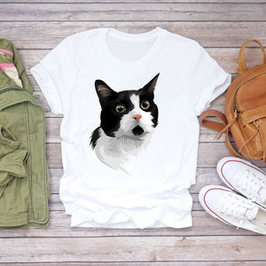 Women Cartoon Cat Flower Cartoon Kawaii 90s Animal Fashion Print Lady T-shirts Top Womens Graphic T Shirt Female Tee T-Shirt