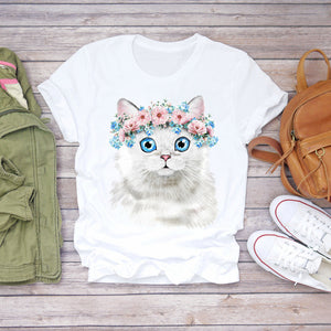 Women Cartoon Cat Flower Cartoon Kawaii 90s Animal Fashion Print Lady T-shirts Top Womens Graphic T Shirt Female Tee T-Shirt