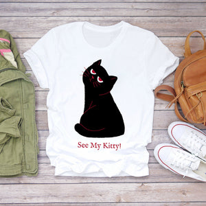 Women Cartoon Cat Flower Cartoon Kawaii 90s Animal Fashion Print Lady T-shirts Top Womens Graphic T Shirt Female Tee T-Shirt