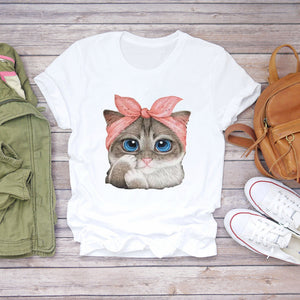 Women Cartoon Cat Flower Cartoon Kawaii 90s Animal Fashion Print Lady T-shirts Top Womens Graphic T Shirt Female Tee T-Shirt