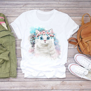 Women Cartoon Cat Flower Cartoon Kawaii 90s Animal Fashion Print Lady T-shirts Top Womens Graphic T Shirt Female Tee T-Shirt