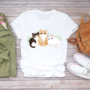 Women Cartoon Cat Flower Cartoon Kawaii 90s Animal Fashion Print Lady T-shirts Top Womens Graphic T Shirt Female Tee T-Shirt
