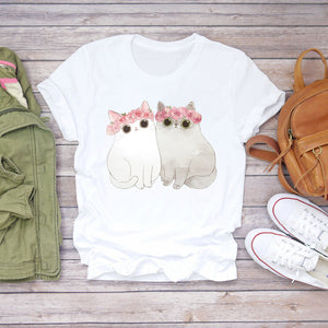 Women Cartoon Cat Flower Cartoon Kawaii 90s Animal Fashion Print Lady T-shirts Top Womens Graphic T Shirt Female Tee T-Shirt