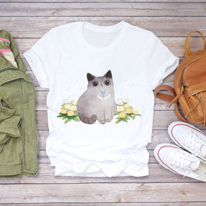 Women Cartoon Cat Flower Cartoon Kawaii 90s Animal Fashion Print Lady T-shirts Top Womens Graphic T Shirt Female Tee T-Shirt