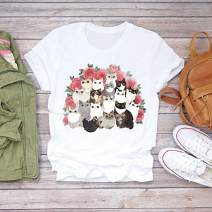 Women Cartoon Cat Flower Cartoon Kawaii 90s Animal Fashion Print Lady T-shirts Top Womens Graphic T Shirt Female Tee T-Shirt