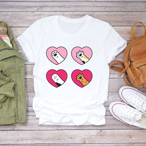 Women Cartoon Cat Flower Cartoon Kawaii 90s Animal Fashion Print Lady T-shirts Top Womens Graphic T Shirt Female Tee T-Shirt