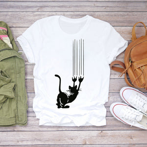 Women Cartoon Cat Flower Cartoon Kawaii 90s Animal Fashion Print Lady T-shirts Top Womens Graphic T Shirt Female Tee T-Shirt
