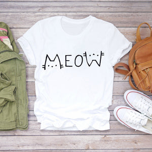 Women Cartoon Cat Flower Cartoon Kawaii 90s Animal Fashion Print Lady T-shirts Top Womens Graphic T Shirt Female Tee T-Shirt