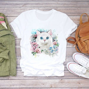 Women Cartoon Cat Flower Cartoon Kawaii 90s Animal Fashion Print Lady T-shirts Top Womens Graphic T Shirt Female Tee T-Shirt