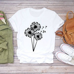 Women Cartoon Cat Flower Cartoon Kawaii 90s Animal Fashion Print Lady T-shirts Top Womens Graphic T Shirt Female Tee T-Shirt