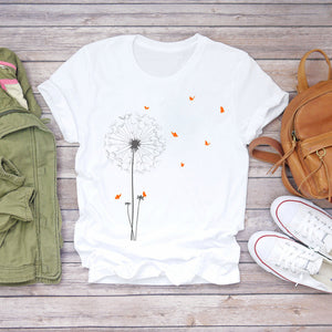 Women Cartoon Cat Flower Cartoon Kawaii 90s Animal Fashion Print Lady T-shirts Top Womens Graphic T Shirt Female Tee T-Shirt