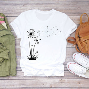 Women Cartoon Cat Flower Cartoon Kawaii 90s Animal Fashion Print Lady T-shirts Top Womens Graphic T Shirt Female Tee T-Shirt
