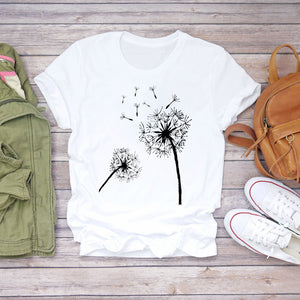 Women Cartoon Cat Flower Cartoon Kawaii 90s Animal Fashion Print Lady T-shirts Top Womens Graphic T Shirt Female Tee T-Shirt