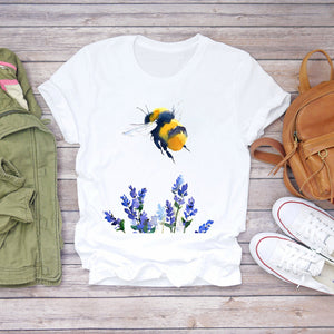 Women Cartoon Cat Flower Cartoon Kawaii 90s Animal Fashion Print Lady T-shirts Top Womens Graphic T Shirt Female Tee T-Shirt