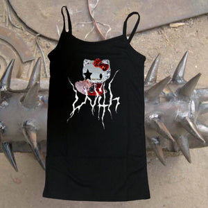 Women Black Evil Punk Cat Beading Thunderbolt Bramble Vest Sweet Sick Girls Spaghetti Basic Tank Tops