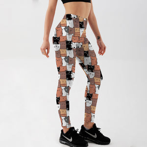 Qickitout 12% Spandex Cute Elasticity Workout  Leggings Women Printed Cartoon Funny Comic Cat Leggings Push Up Pants