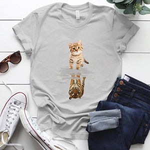 Cat&amp;tiger Print Aesthetic Graphic T Shirts Summer Clothes Tops for Ladies Short Sleeve Around Neck Plus Size 5xl Woman Tshirts