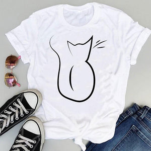 Women Cartoon Simple Cat New Cute 2021 Short Sleeve Sweet Summer Fashion Print Lovely Clothes Tops Tees Tshirt T-Shirt