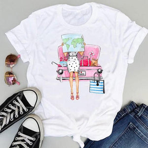 Women Cartoon Simple Cat New Cute 2021 Short Sleeve Sweet Summer Fashion Print Lovely Clothes Tops Tees Tshirt T-Shirt