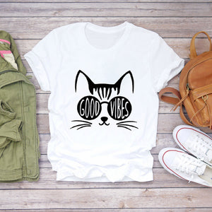 Women T-shirts Cat Love Heartbeat Paw Animal Printing Short Sleeve 90s Print Lady Womens Graphic T Top Shirt Female Tee T-Shirt