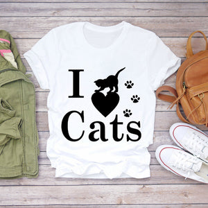 Women T-shirts Cat Love Heartbeat Paw Animal Printing Short Sleeve 90s Print Lady Womens Graphic T Top Shirt Female Tee T-Shirt