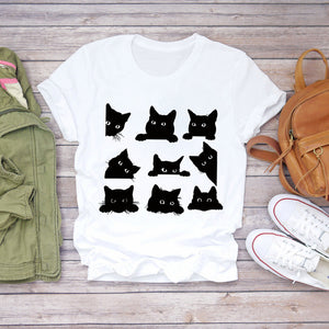 Women T-shirts Cat Love Heartbeat Paw Animal Printing Short Sleeve 90s Print Lady Womens Graphic T Top Shirt Female Tee T-Shirt