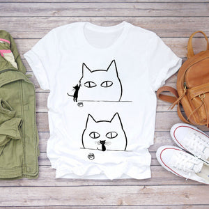 Women T-shirts Cat Love Heartbeat Paw Animal Printing Short Sleeve 90s Print Lady Womens Graphic T Top Shirt Female Tee T-Shirt