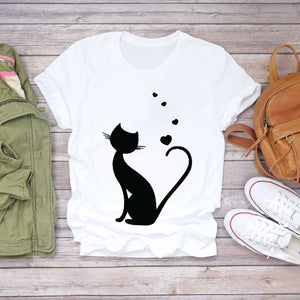 Women T-shirts Cat Love Heartbeat Paw Animal Printing Short Sleeve 90s Print Lady Womens Graphic T Top Shirt Female Tee T-Shirt