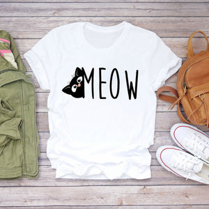 Women T-shirts Cat Love Heartbeat Paw Animal Printing Short Sleeve 90s Print Lady Womens Graphic T Top Shirt Female Tee T-Shirt