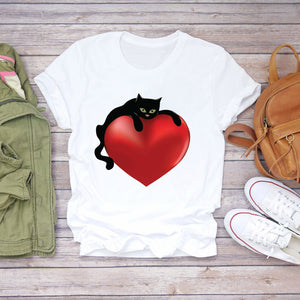 Women T-shirts Cat Love Heartbeat Paw Animal Printing Short Sleeve 90s Print Lady Womens Graphic T Top Shirt Female Tee T-Shirt