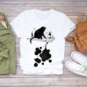 Women T-shirts Cat Love Heartbeat Paw Animal Printing Short Sleeve 90s Print Lady Womens Graphic T Top Shirt Female Tee T-Shirt