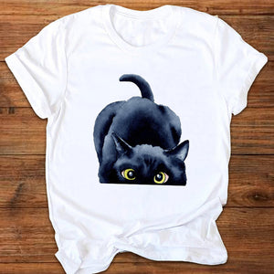 Women Graphic Cartoon Cat Animal Flower Fashion Printing 90s Style Print Clothes Lady Tees Tops Female T Shirt Womens T-Shirt