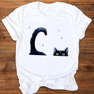 Women Graphic Cartoon Cat Animal Flower Fashion Printing 90s Style Print Clothes Lady Tees Tops Female T Shirt Womens T-Shirt