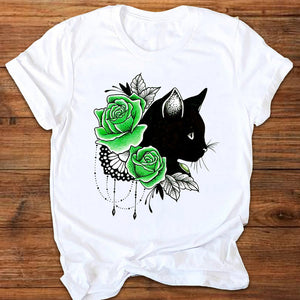 Women Graphic Cartoon Cat Animal Flower Fashion Printing 90s Style Print Clothes Lady Tees Tops Female T Shirt Womens T-Shirt