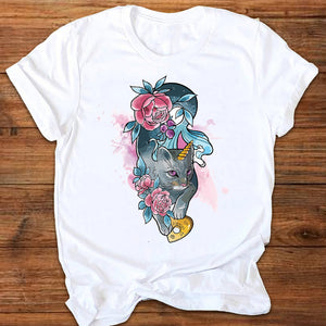 Women Graphic Cartoon Cat Animal Flower Fashion Printing 90s Style Print Clothes Lady Tees Tops Female T Shirt Womens T-Shirt