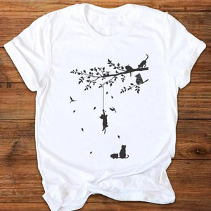 Women Graphic Cartoon Cat Animal Flower Fashion Printing 90s Style Print Clothes Lady Tees Tops Female T Shirt Womens T-Shirt