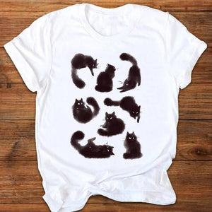 Women Graphic Cartoon Cat Animal Flower Fashion Printing 90s Style Print Clothes Lady Tees Tops Female T Shirt Womens T-Shirt