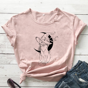 Celestial Moon Cat Witch T-shirt Aesthetic Women Wiccan Gothic Tshirt Vintage Halloween Graphic Tee Shirt Top