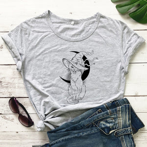 Celestial Moon Cat Witch T-shirt Aesthetic Women Wiccan Gothic Tshirt Vintage Halloween Graphic Tee Shirt Top