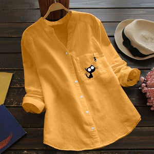 Cute Cat Linen shirt Women Fall long sleeve tops female blouse collared loose casual women&#39;s blouses