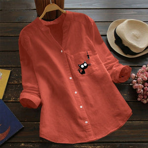 Cute Cat Linen shirt Women Fall long sleeve tops female blouse collared loose casual women&#39;s blouses