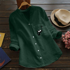 Cute Cat Linen shirt Women Fall long sleeve tops female blouse collared loose casual women&#39;s blouses