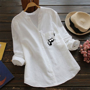 Cute Cat Linen shirt Women Fall long sleeve tops female blouse collared loose casual women&#39;s blouses