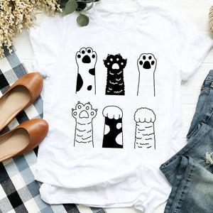 Women Lady Cat Funny Coffee Short Sleeve Cute Print Casual T Tee Womens Tshirt for Female Shirt Clothes Top Graphic T-shirt