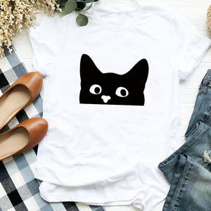 Women Lady Cat Funny Coffee Short Sleeve Cute Print Casual T Tee Womens Tshirt for Female Shirt Clothes Top Graphic T-shirt